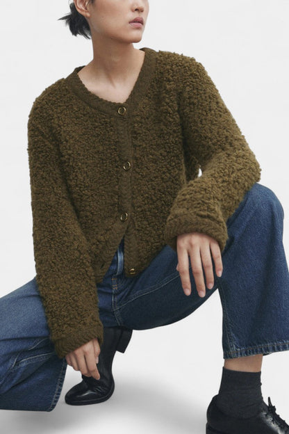 Chenda Button-Up Plush Cardigan with Ribbed Accents