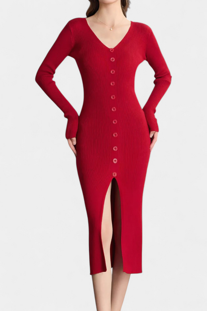 Nadège V-Neck Midi Knitted Dress with Chic Button Details