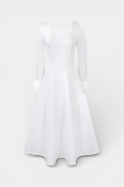 Alicia Square Neck Flared Dress with Patchwork Faux Fur Sleeves
